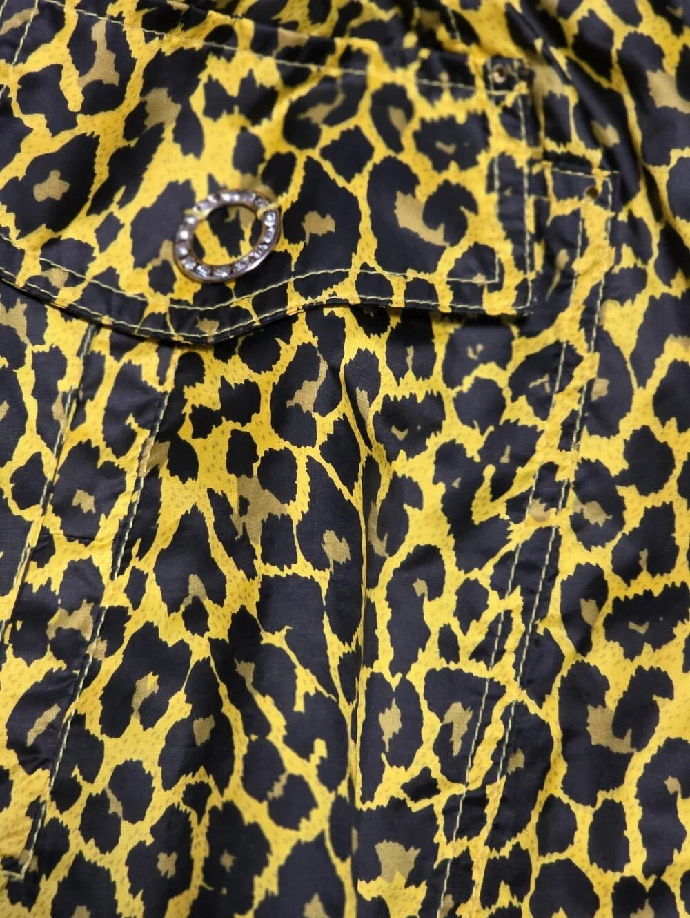 Yellow Leopard Print Drawstring Waist & Neck Windbreaker Rhinestone Detail OS